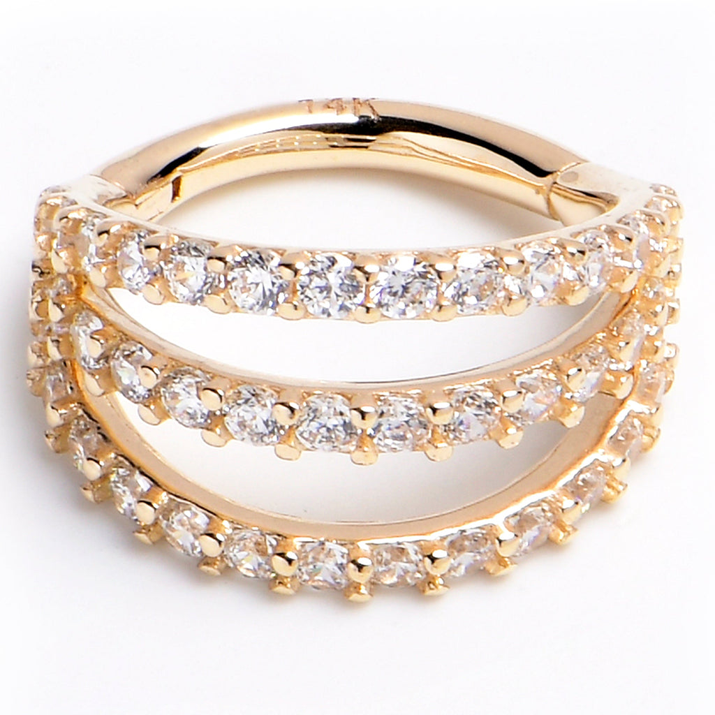 16G 5/16 Solid 14K Yellow Gold Clear CZ Gem Row Hinged Segment Ring