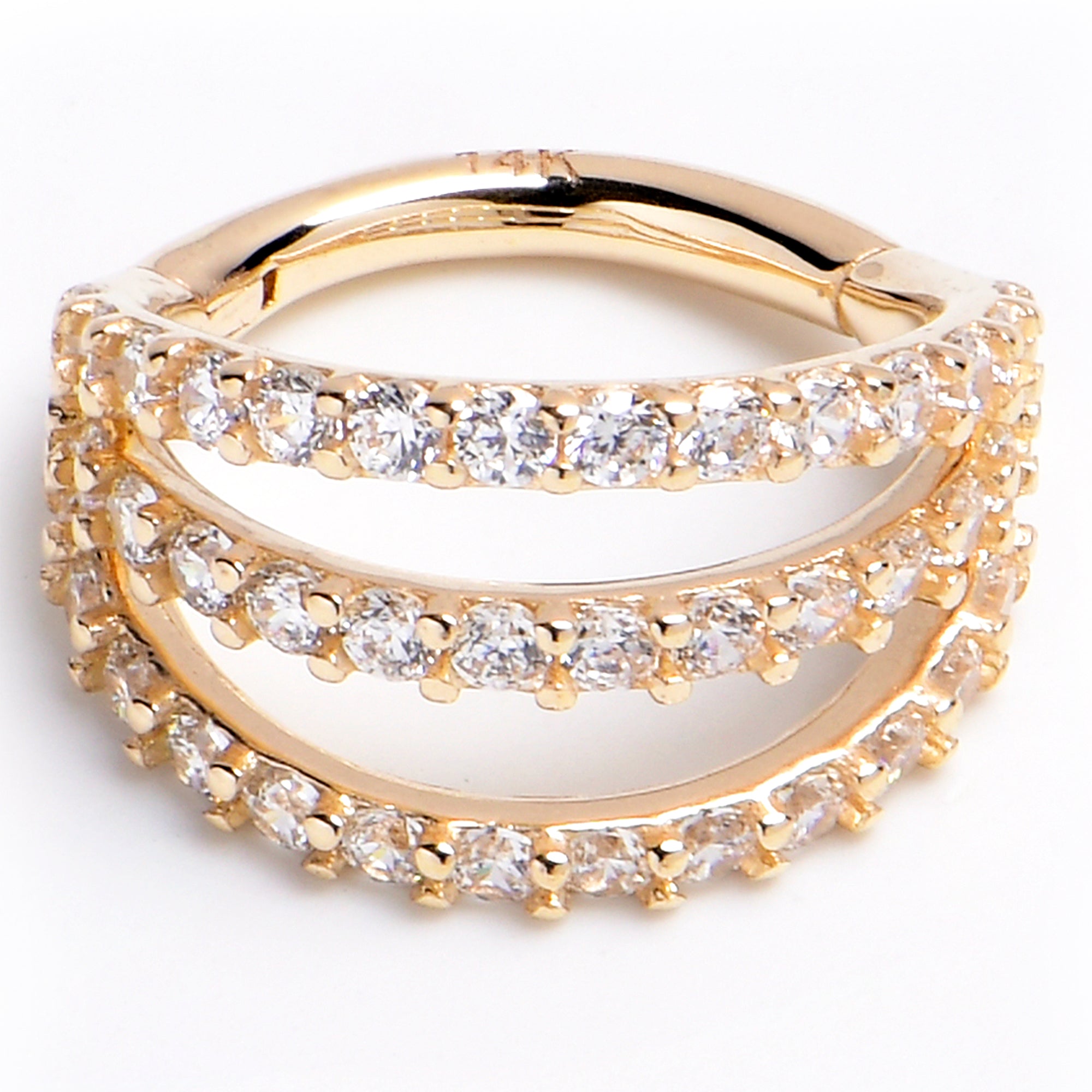 16G 5/16 Solid 14K Yellow Gold Clear CZ Gem Row Hinged Segment Ring