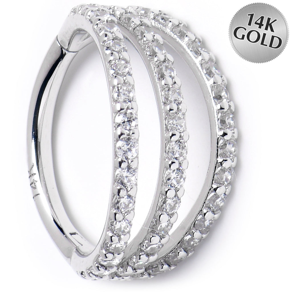 16G 3/8 Solid 14K White Gold Clear CZ Gem Row Hinged Segment Ring