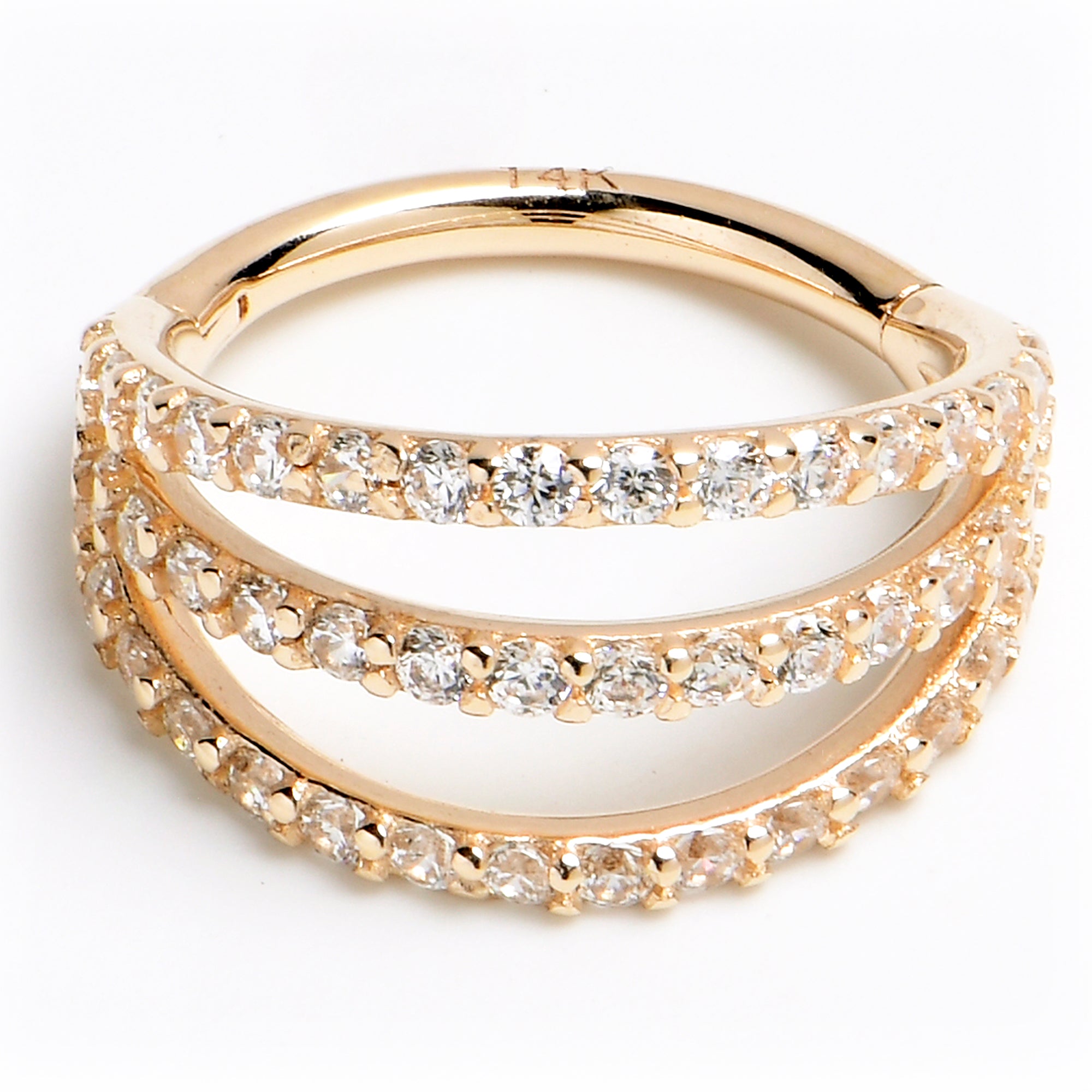 16G 3/8 Solid 14K Yellow Gold Clear CZ Gem Row Hinged Segment Ring
