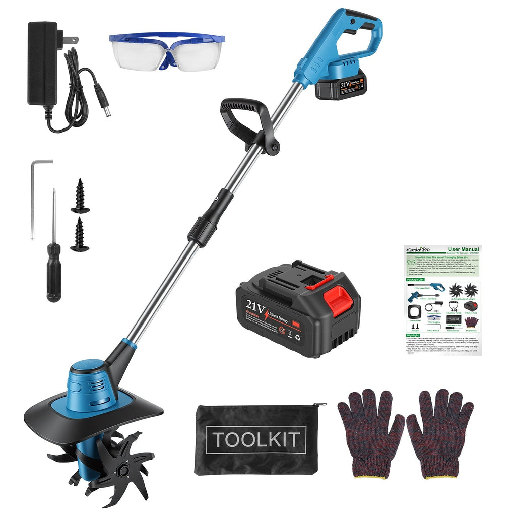 800W 21V Cordless Tiller Cultivator 3.0Ah Battery Powered Tiller with 8.66" Width 6.69" Depth Manganese Steel Tines for Soil Cultivation Weeding Garde