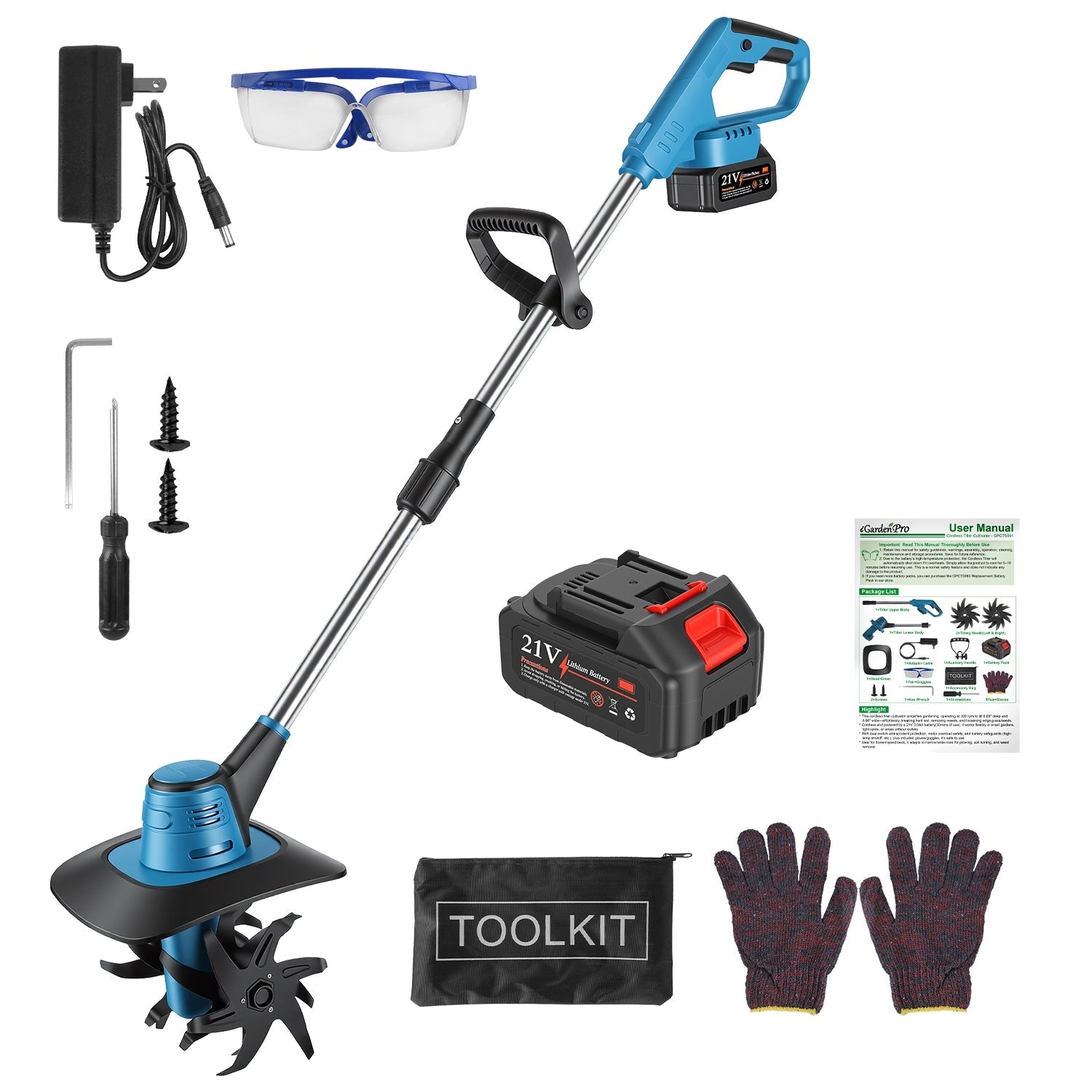 800W 21V Cordless Tiller Cultivator 3.0Ah Battery Powered Tiller with 8.66" Width 6.69" Depth Manganese Steel Tines for Soil Cultivation Weeding Garde