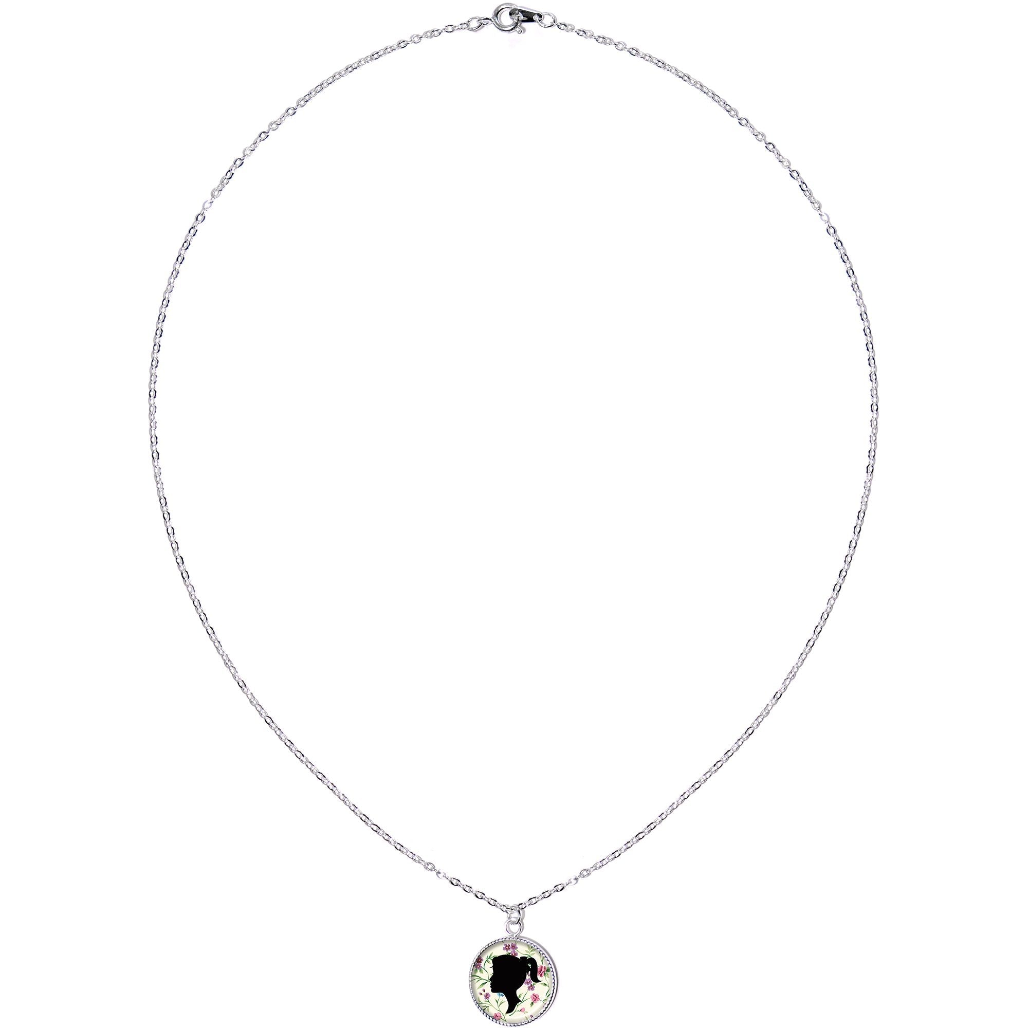 Woman Floral Silhouette Silver Plated Chain Necklace