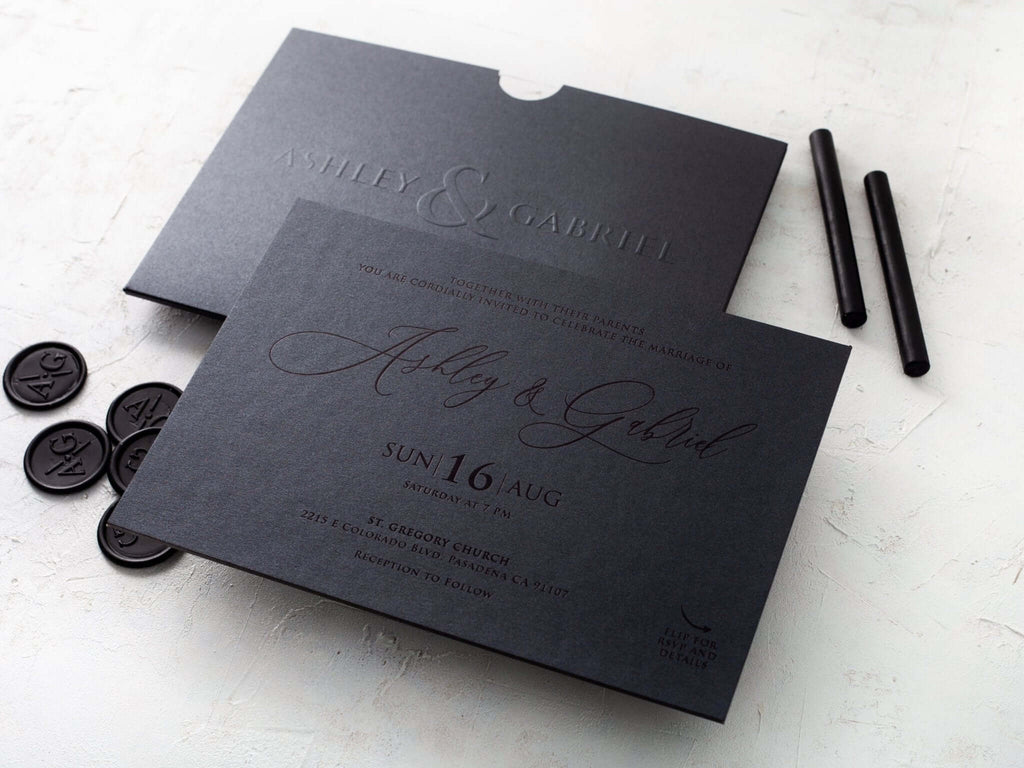 Luxury Black Embossed Wedding Invitation with Black Foil Detail