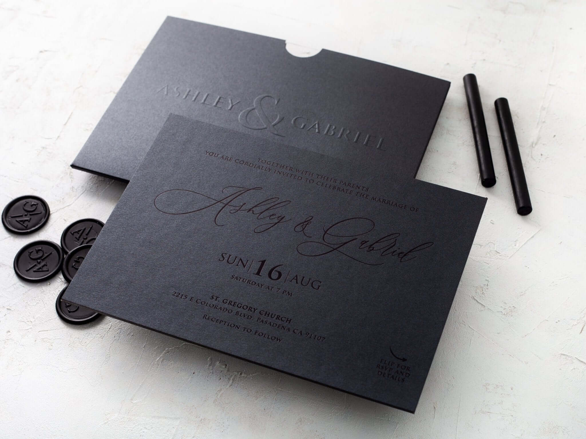Luxury Black Embossed Wedding Invitation with Black Foil Detail