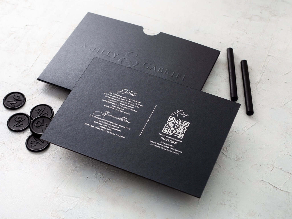 Luxury Black Embossed Wedding Invitation with Black Foil Detail