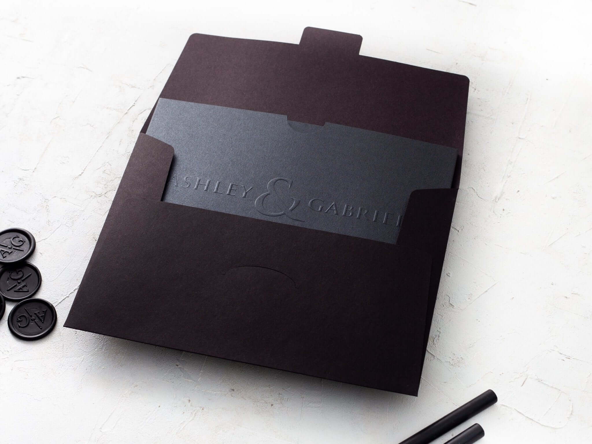 Luxury Black Embossed Wedding Invitation with Black Foil Detail