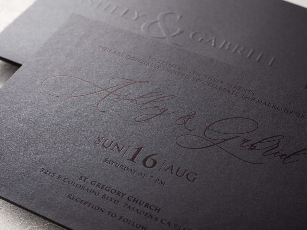 Luxury Black Embossed Wedding Invitation with Black Foil Detail