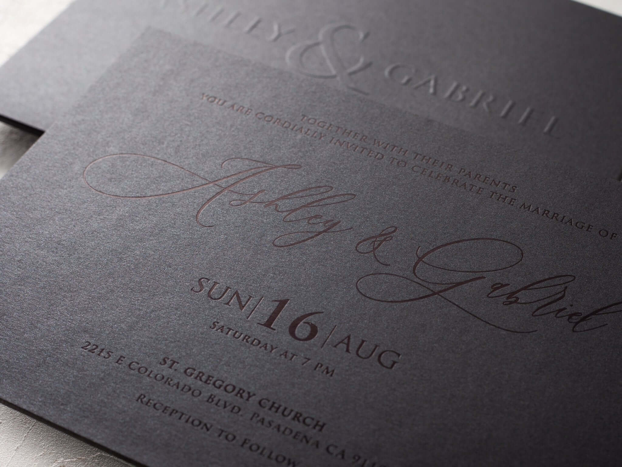 Luxury Black Embossed Wedding Invitation with Black Foil Detail