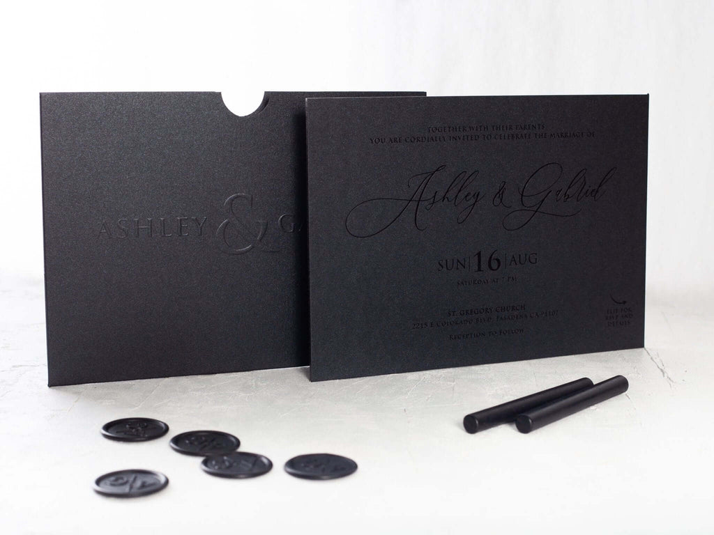 Luxury Black Embossed Wedding Invitation with Black Foil Detail
