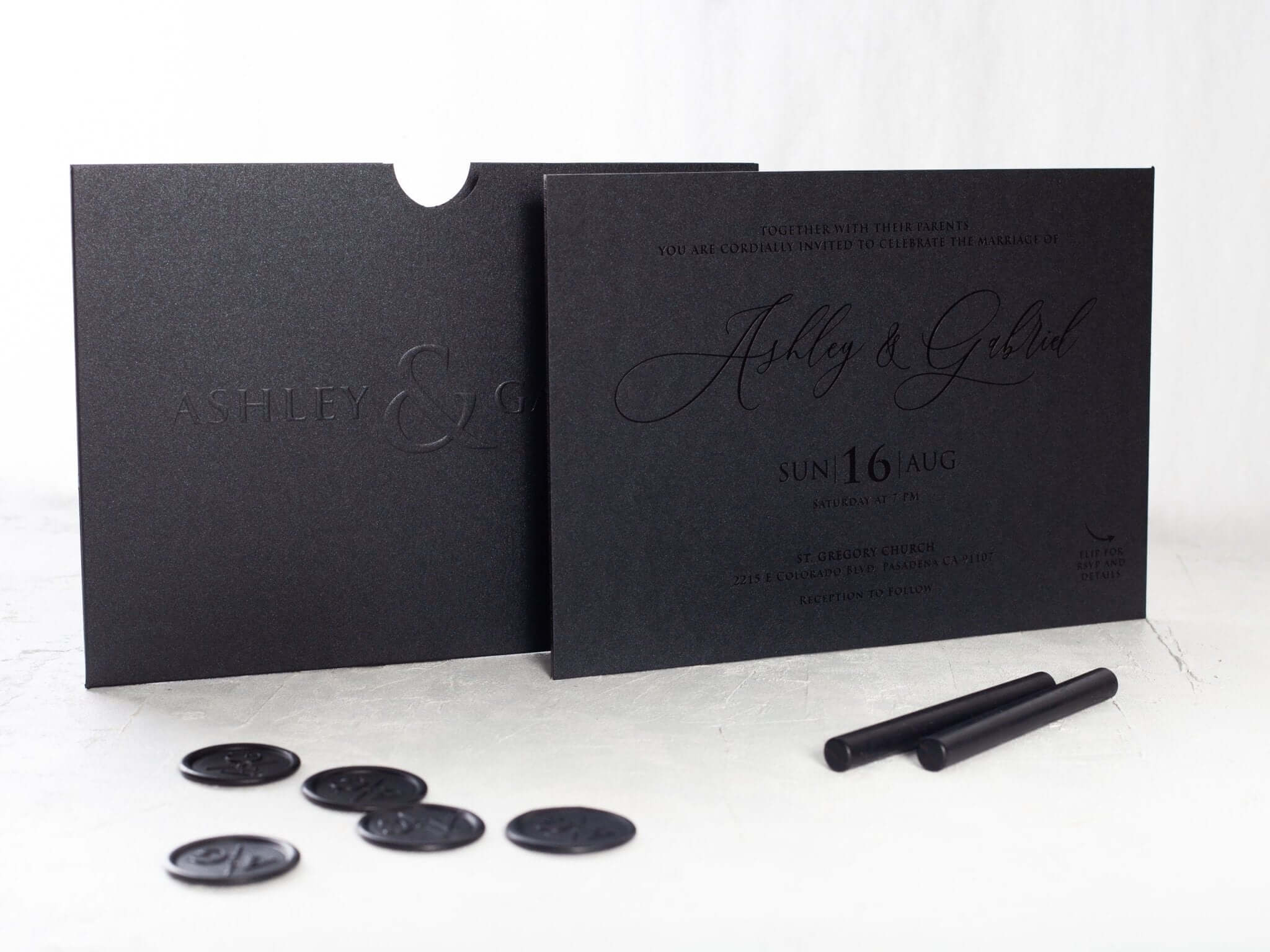Luxury Black Embossed Wedding Invitation with Black Foil Detail