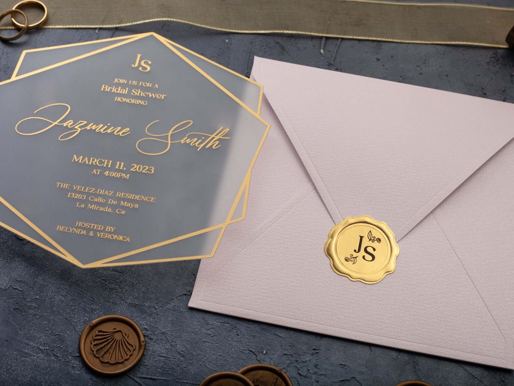 Bridal Shower Invitation with Acrylic Gold Foil and Pink Envelope