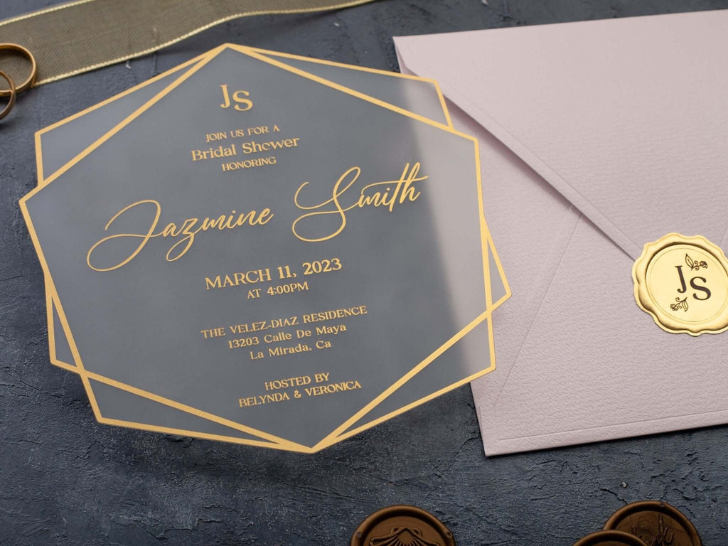 Bridal Shower Invitation with Acrylic Gold Foil and Pink Envelope
