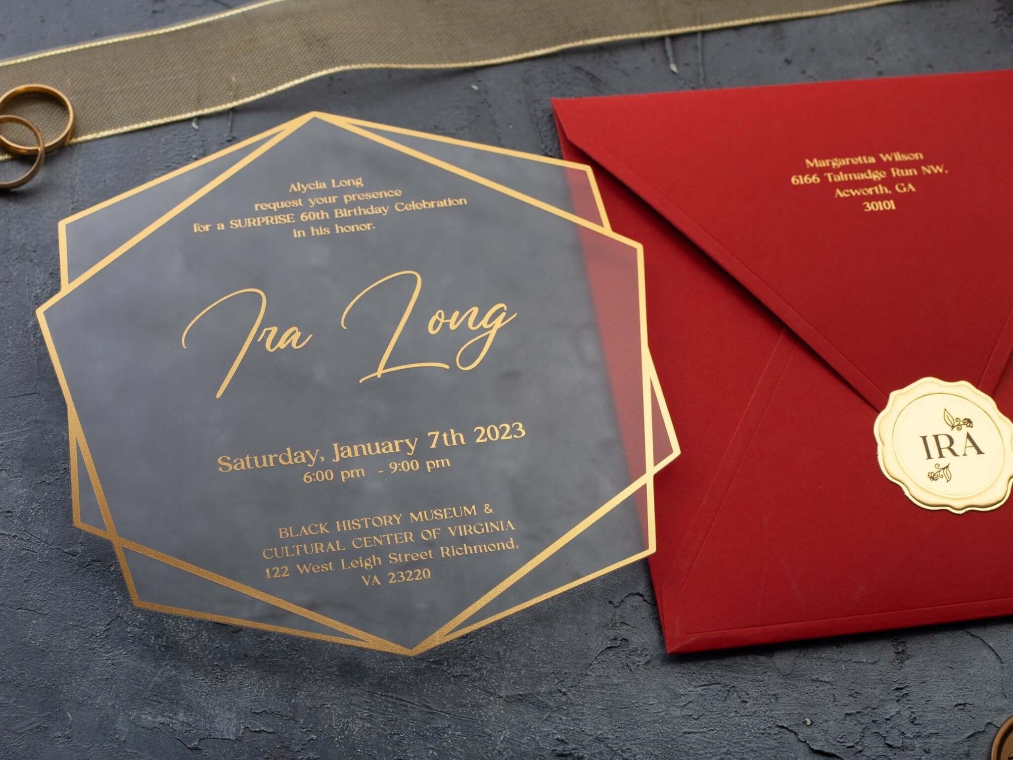 Red and Gold Acrylic Birthday Party Invites & Anniversary Invitations