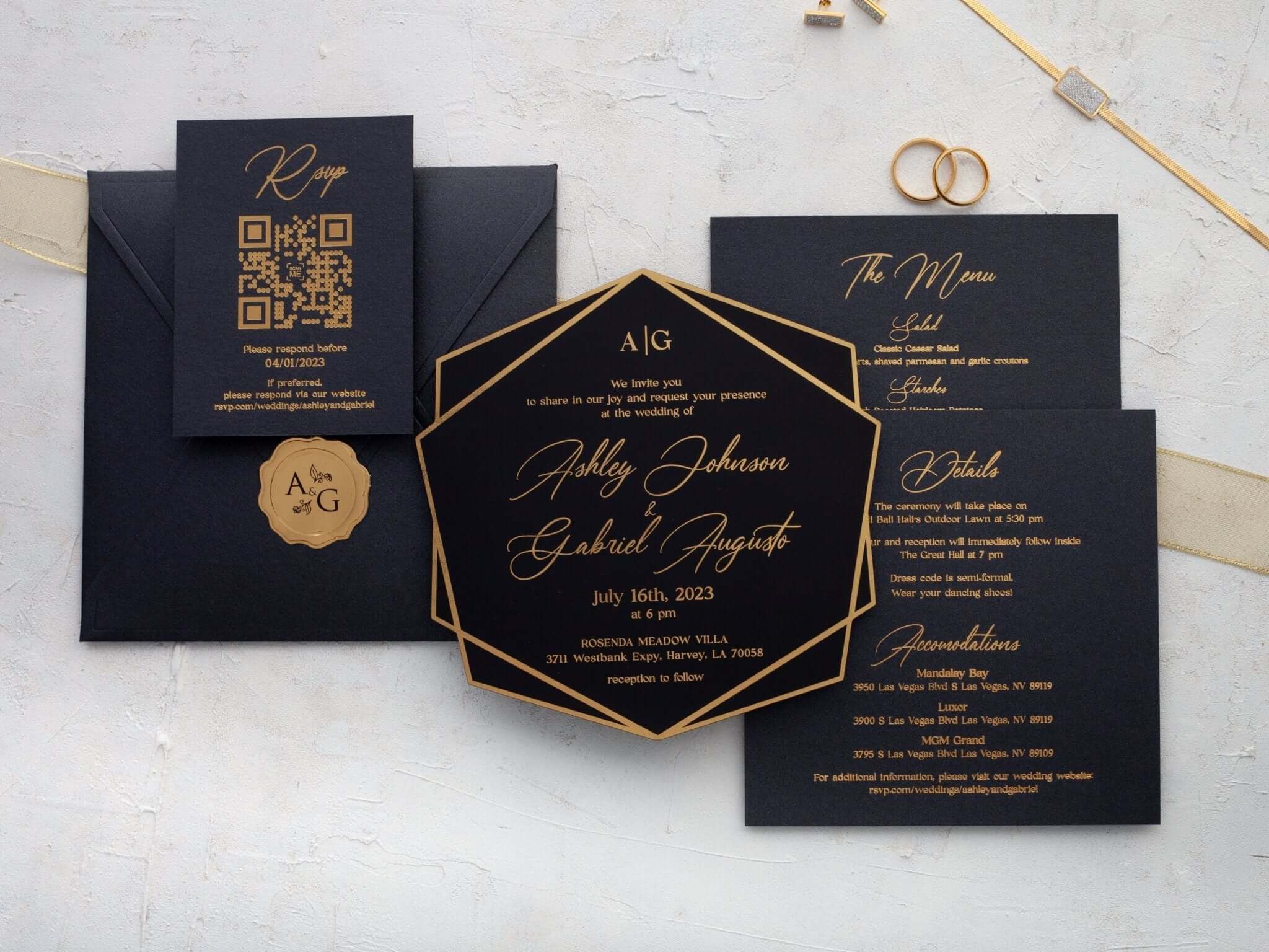 Black Acrylic Wedding Invitations with Gold Foil Accents