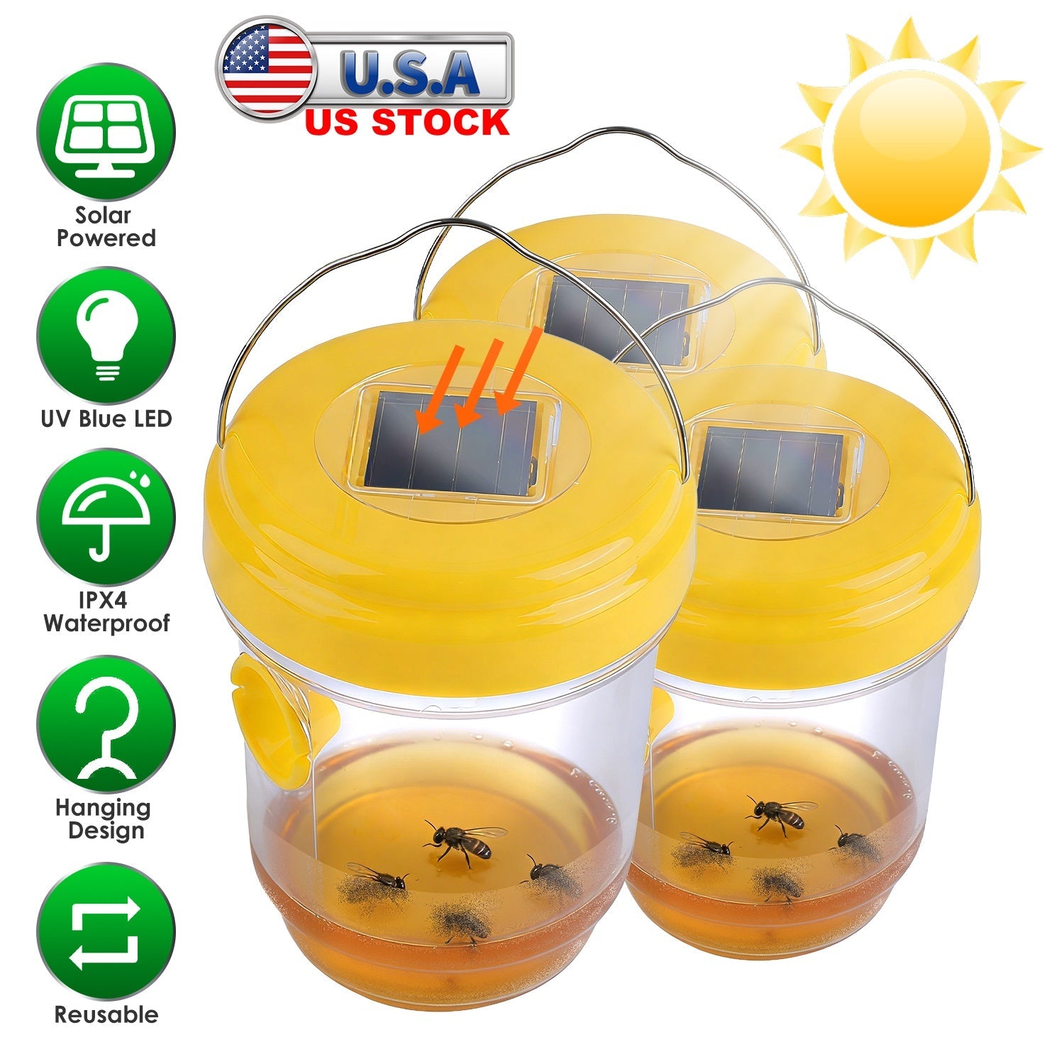 3Pack Solar Wasp Traps Outdoor Hanging Insect Catchers with UV Light for Paper Wasps Yellow Jackets Small Hornets Fruit Flies House Flies