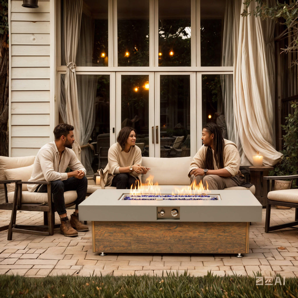 Alora Luxury 48-Inch Outdoor Wood Grain Iron Fire Pit Table With Lava Rocks (SAK37905)