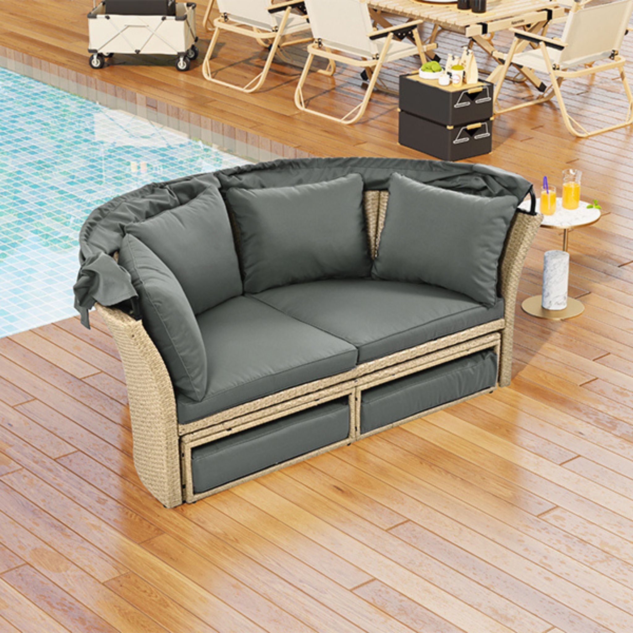 Alora Premium Outdoor Garden Wicker Rattan Patio Daybed With Retractable Canopy (SAK43581)