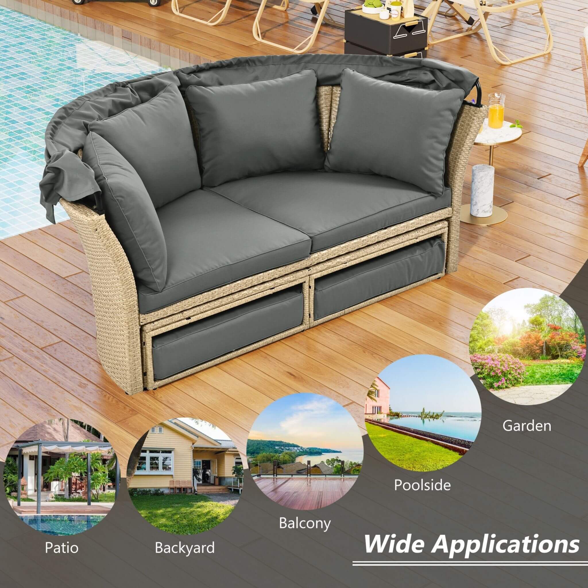 Alora Premium Outdoor Garden Wicker Rattan Patio Daybed With Retractable Canopy (SAK43581)