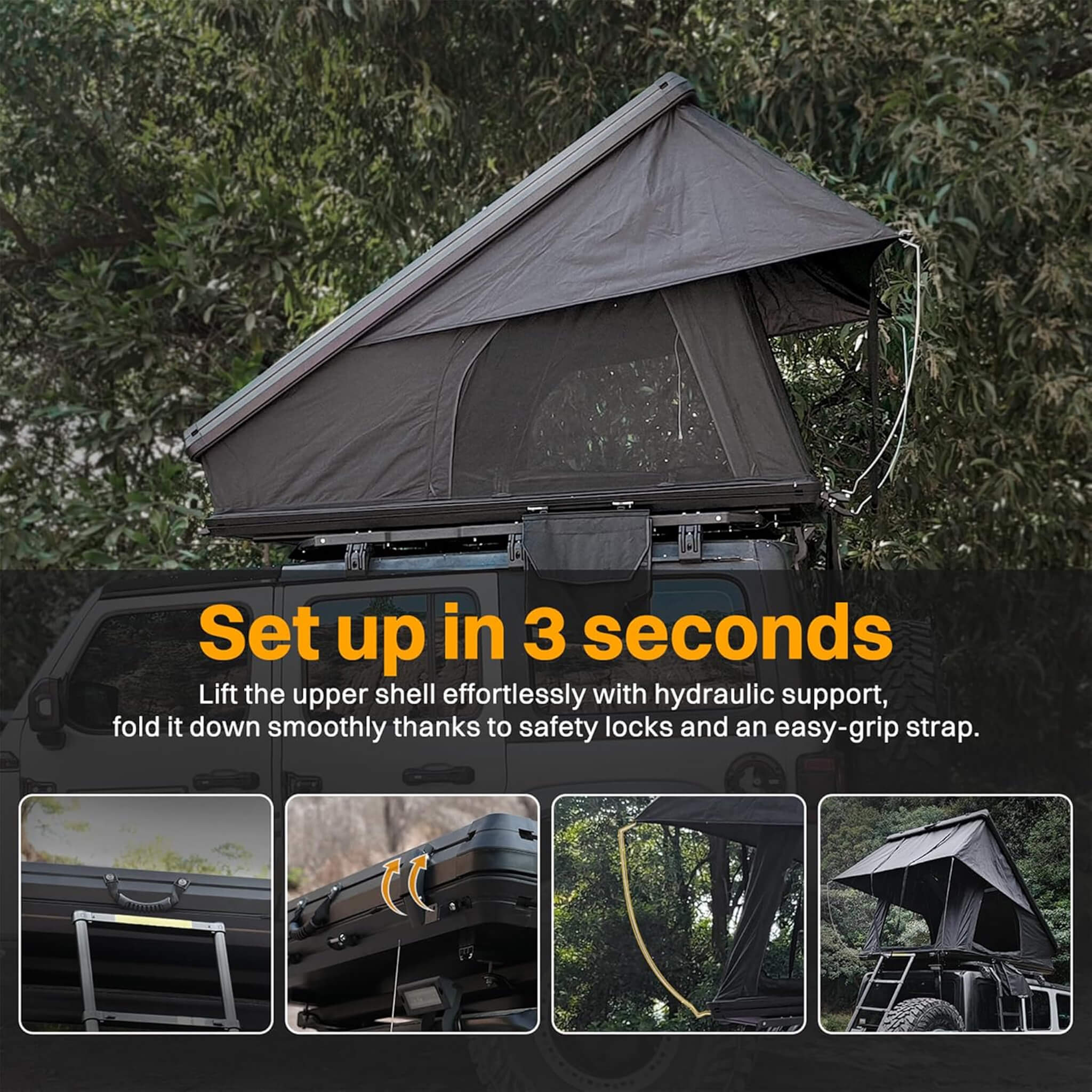 Trailora Nova Aluminum Hard-Shell Rooftop Tent With Ladder, Tri-Color LED Lighting, And Memory Foam Mattress [2-3 People] (SAK57409)