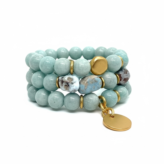 Amazonite Jade With Matte Gold Charm Stretch Bracelet
