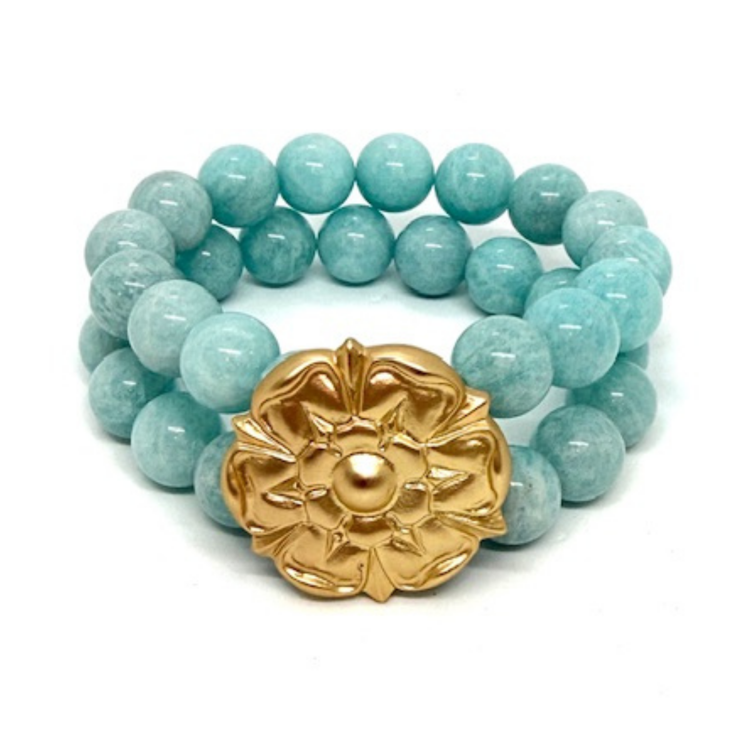 Two Strand Amazonite and Matte Gold Flower Stretch Bracelet