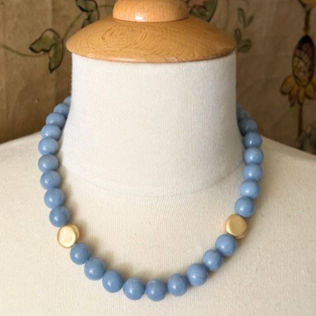 Blue Angelite With Matte Gold Bead Accent Necklace