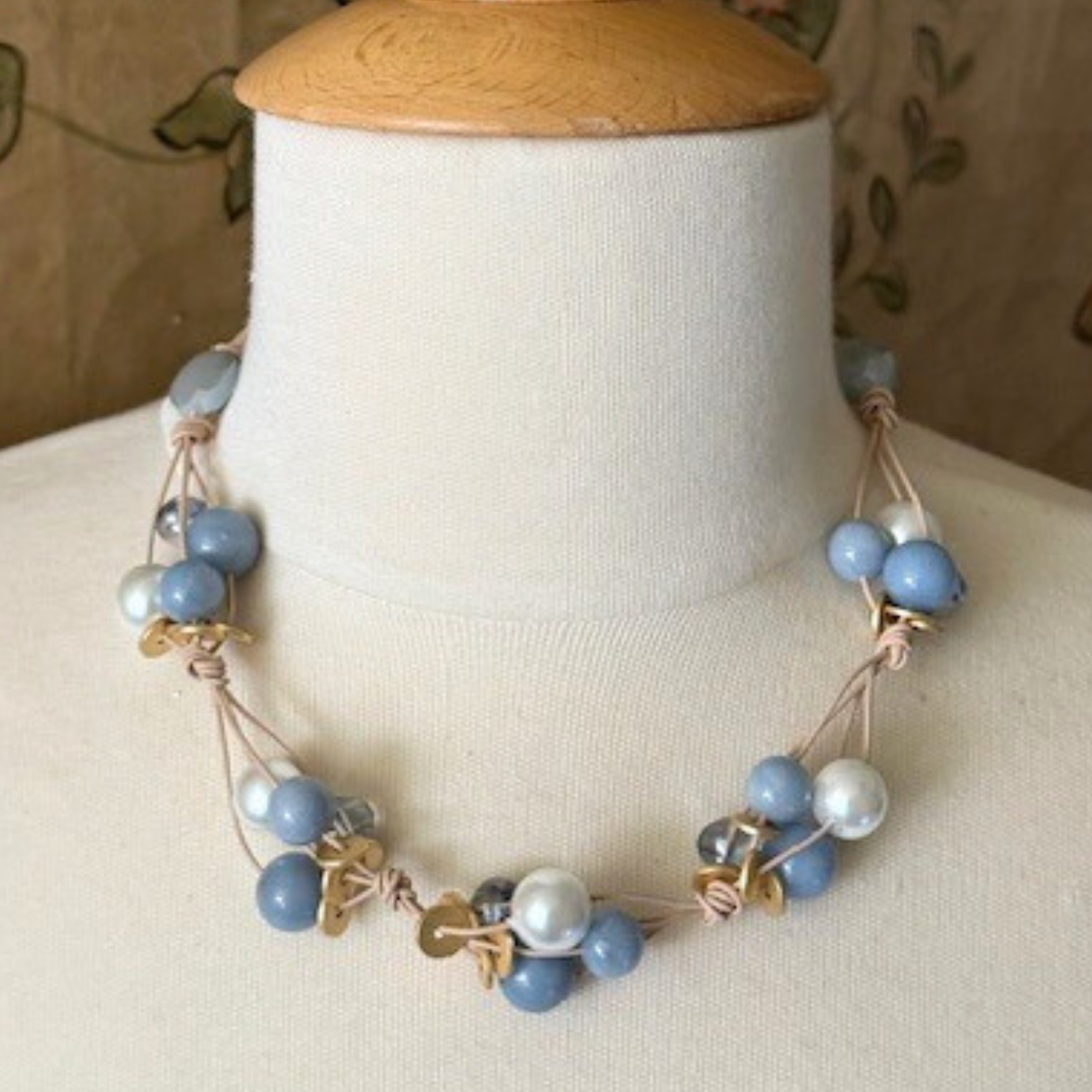Blue Angelite, Pearl, And Blue Glass Woven Necklace
