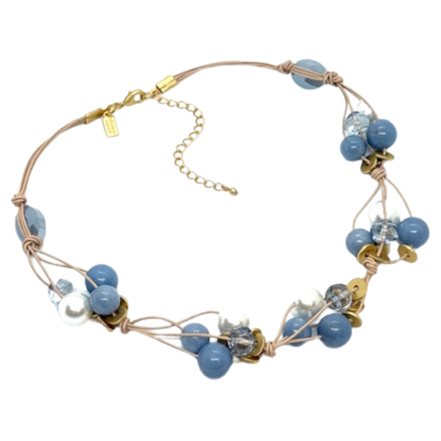 Blue Angelite, Pearl, And Blue Glass Woven Necklace