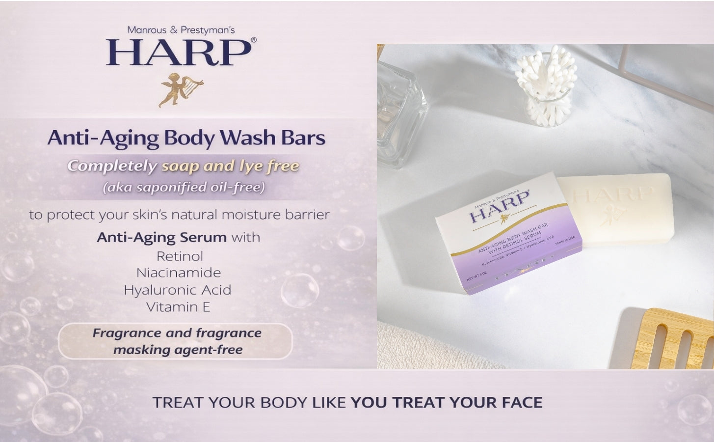 HARP® Anti-Aging Body Wash Bar with Retinol – pH Balanced Syndet Cleanser, FRAGRANCE FREE, Soap-Free & No Lye, Non-Comedogenic, With Niacinamide, Hyaluronic Acid & Vitamin E, 5 oz