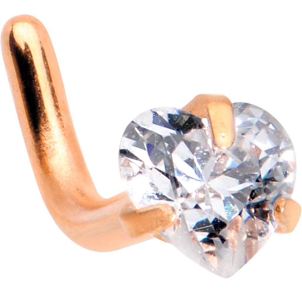 18G 1/4 Clear Heart 3mm CZ Gem Rose Gold IP L-Shape Nose Ring