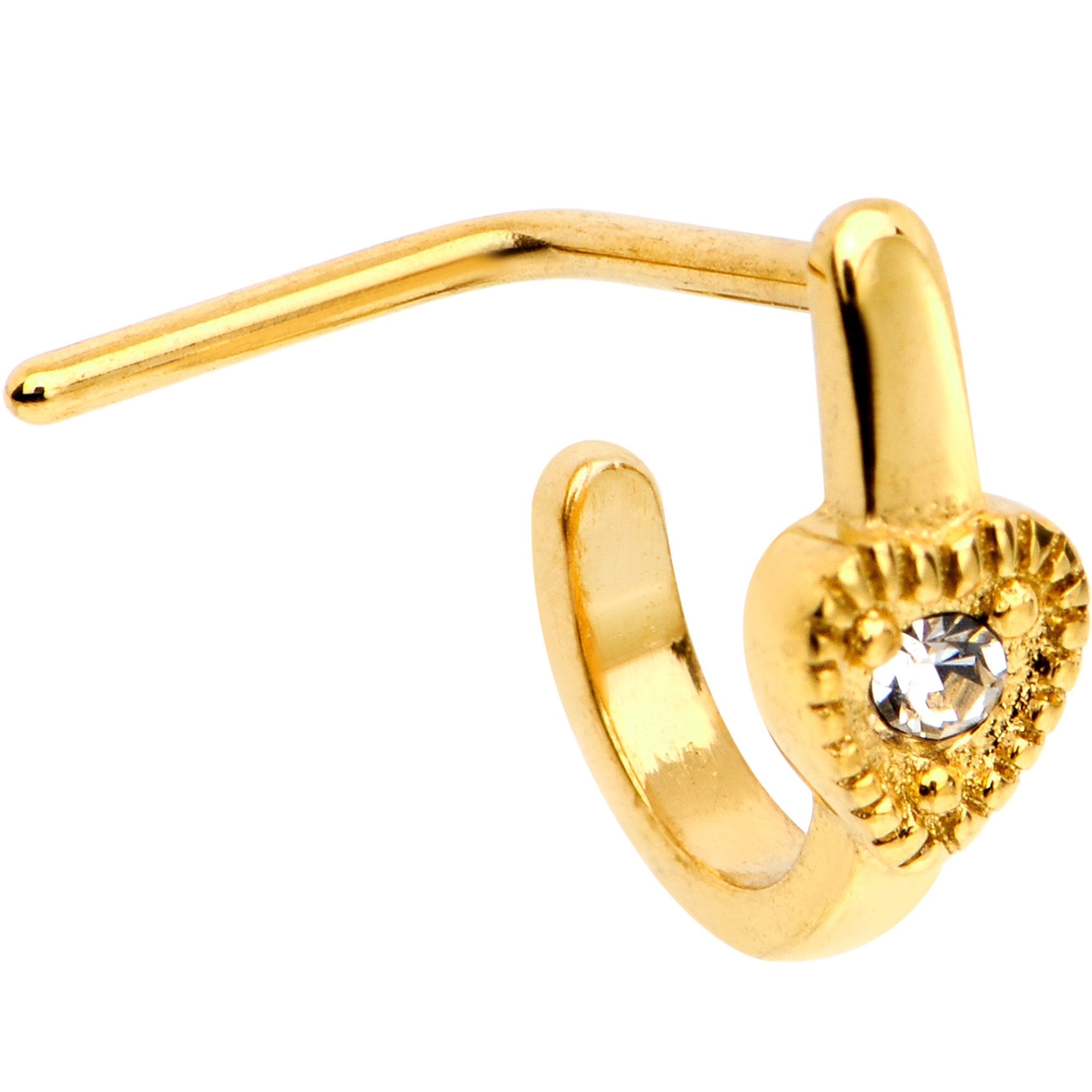 20G Clear Gem Gold Tone Heart Faux Hoop L Shaped Nose Ring