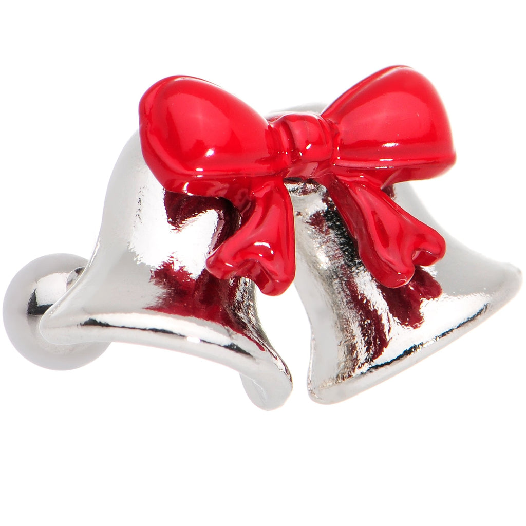 16G 1/4 Red Bow Ringing Holiday Bells Tragus Cartilage Earring