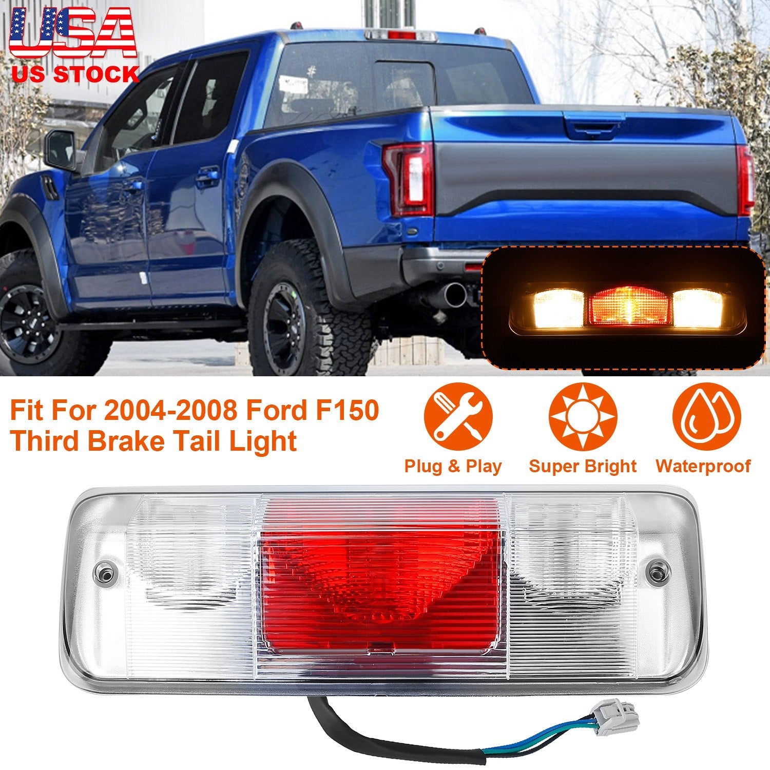 Fit For 2004-2008 Ford F150 Third Brake Tail Light Cargo Lamp Bar Rear Center High Mount Stop Light
