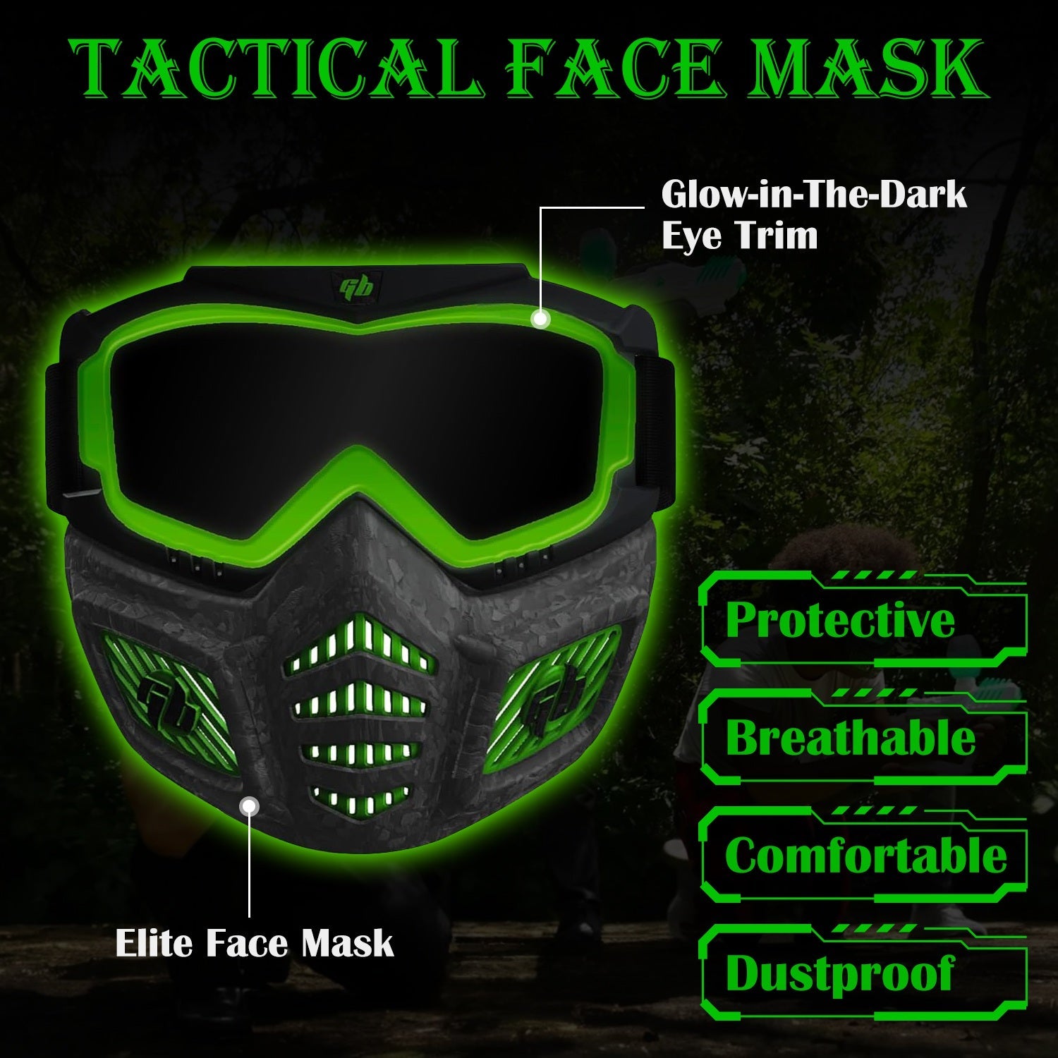 [Not Allowed to Sell on Amazon] Gel Blaster Glow in The Dark Elite Face Mask Full Face Tactical Mask with Detachable Goggles Adjustable Headband Vente