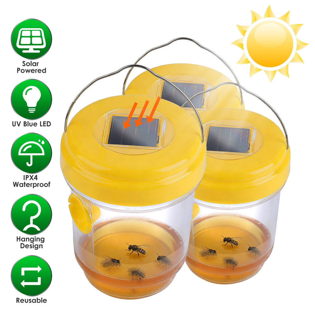 3Pack Solar Wasp Traps Outdoor Hanging Insect Catchers with UV Light for Paper Wasps Yellow Jackets Small Hornets Fruit Flies House Flies