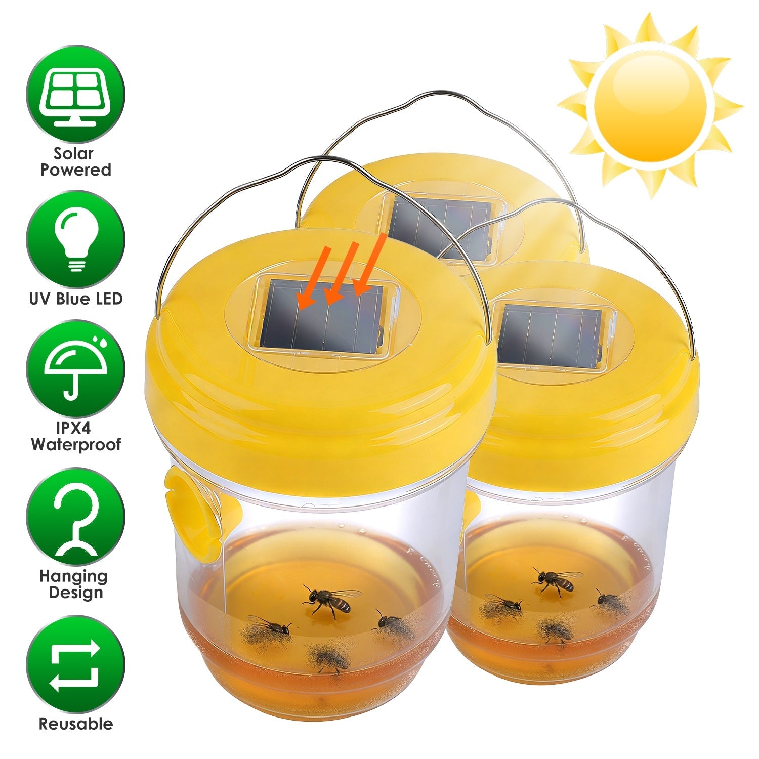 3Pack Solar Wasp Traps Outdoor Hanging Insect Catchers with UV Light for Paper Wasps Yellow Jackets Small Hornets Fruit Flies House Flies