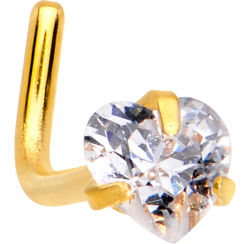 20G 1/4 Clear Heart 3mm CZ Gem Gold IP L-Shape Nose Ring
