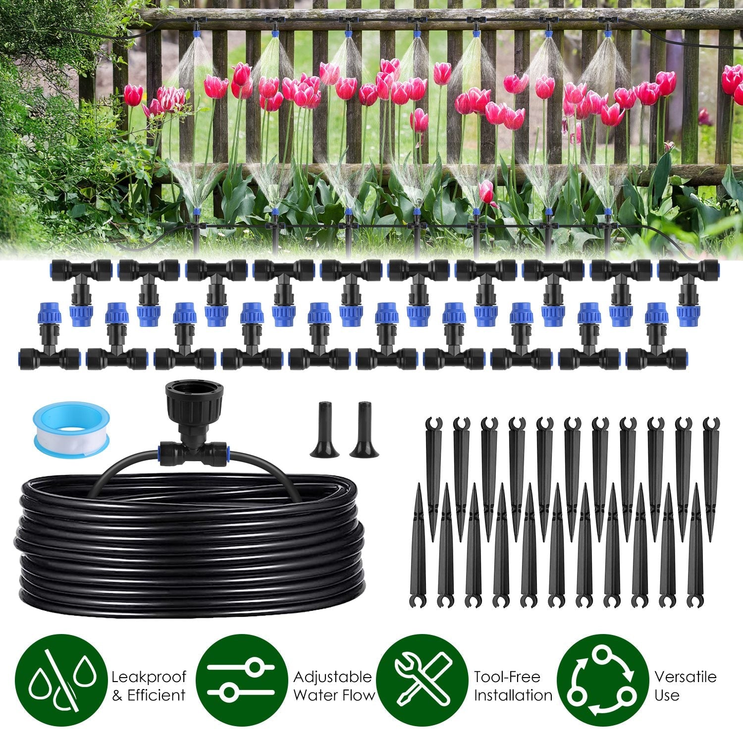 75FT Mist Drip Irrigation System with Adjustable Misting Nozzle Quick Connect Automatic Garden Watering System for Garden Lawn Patio Flower Bed