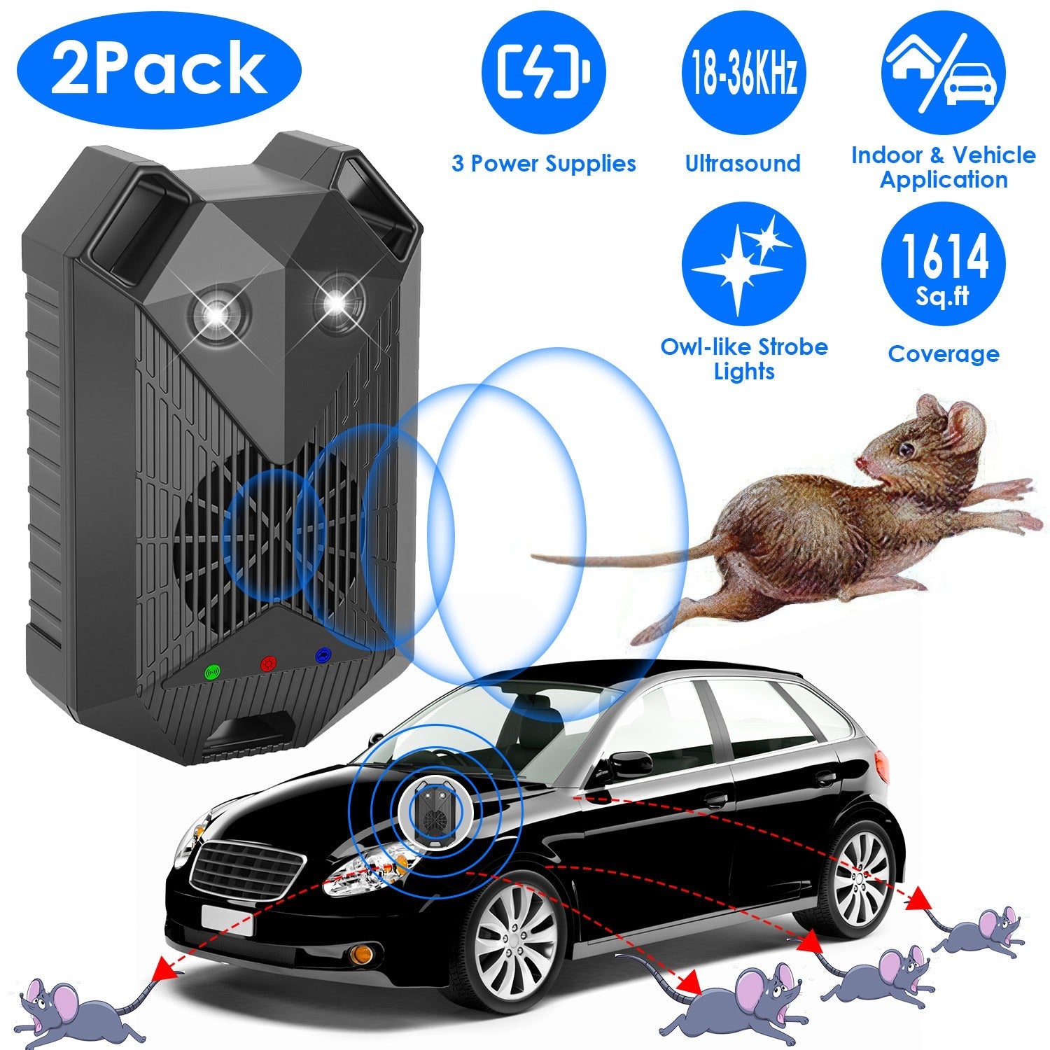 2 Pack Under Hood Ultrasonic Rodent Repeller Rodent Control Deterrent Chaser Blocker for Vehicle Indoor with Strobe Light 3 Power Supplies