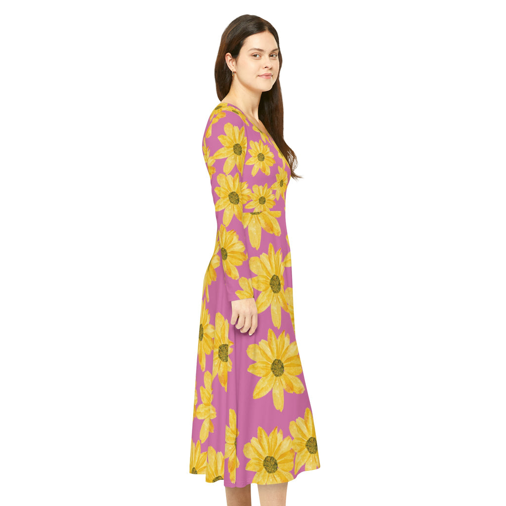 Flower Print Women's Long Sleeve Dance Dress (AOP)