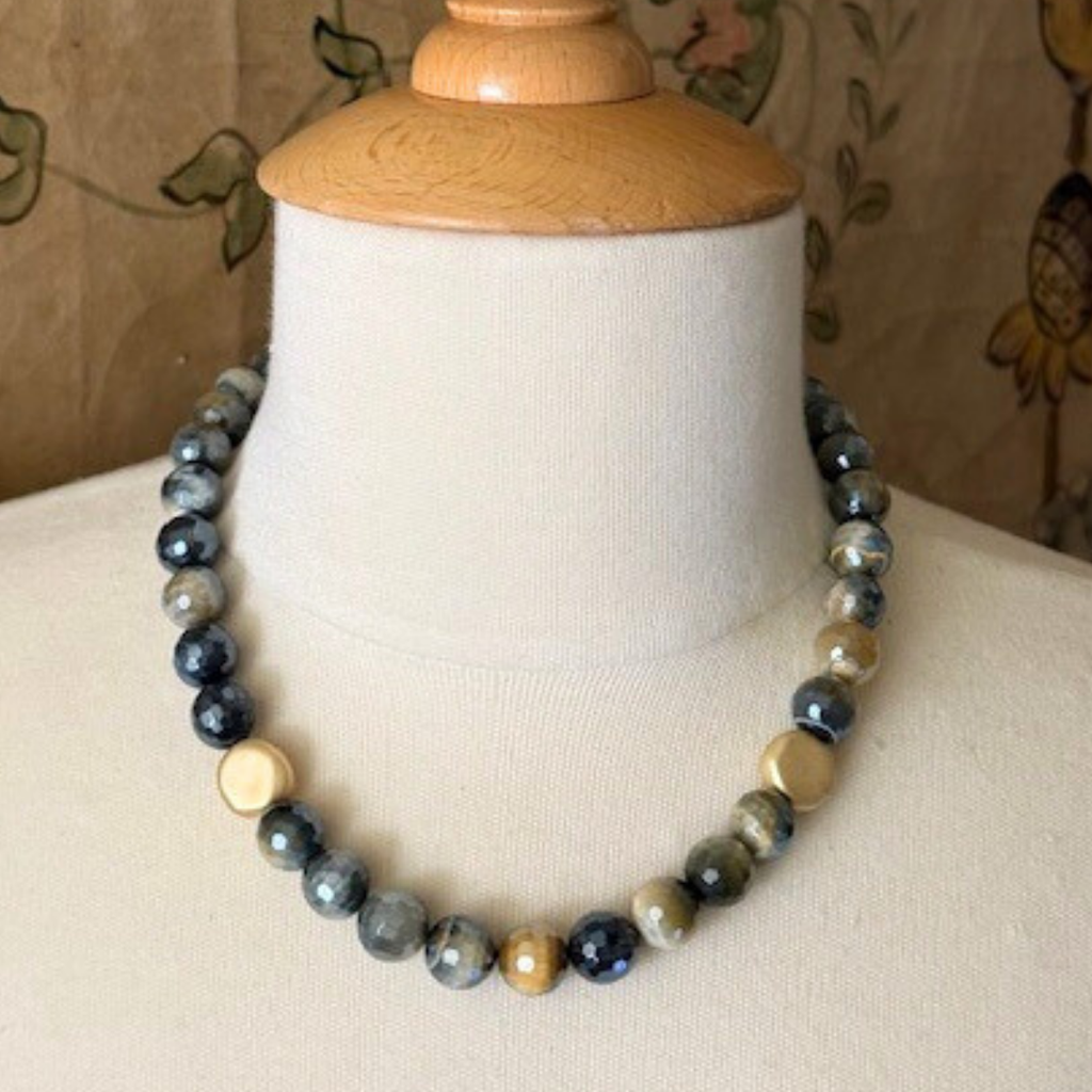 Blue Cream Tigers Eye With Matte Gold Bead Accent Necklace
