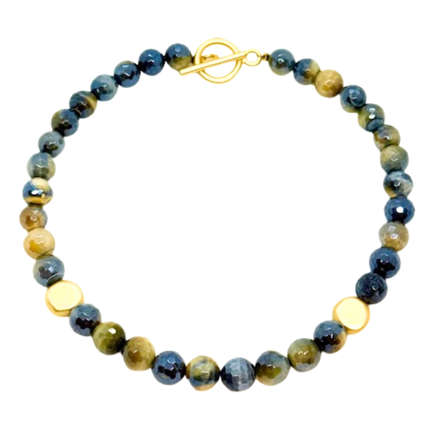 Blue Cream Tigers Eye With Matte Gold Bead Accent Necklace