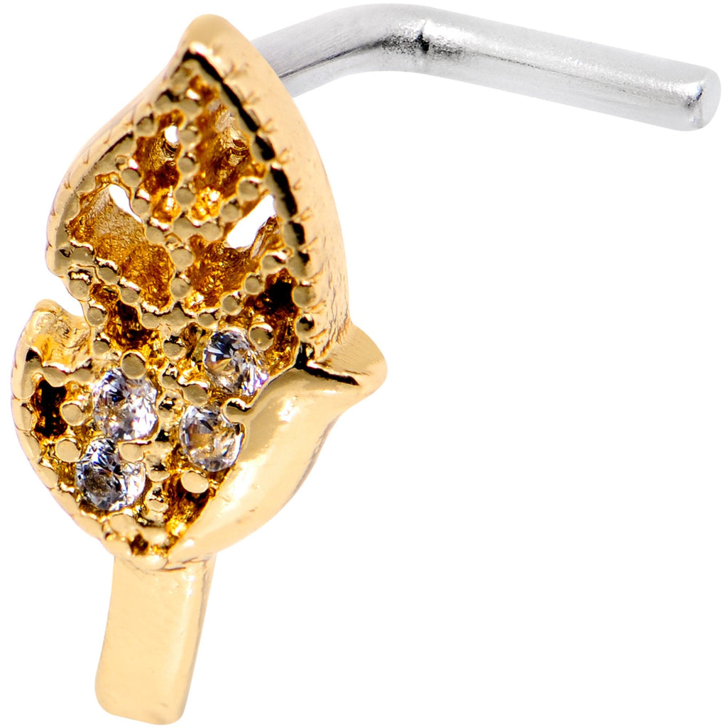 18G Clear CZ Gold Tone Leaf Faux Hoop L Shaped Nose Ring