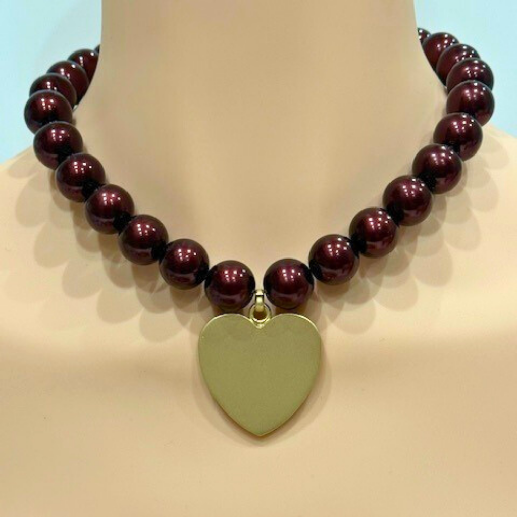 Burgundy Bubble Pearls With Large Matte Gold Heart Pendant