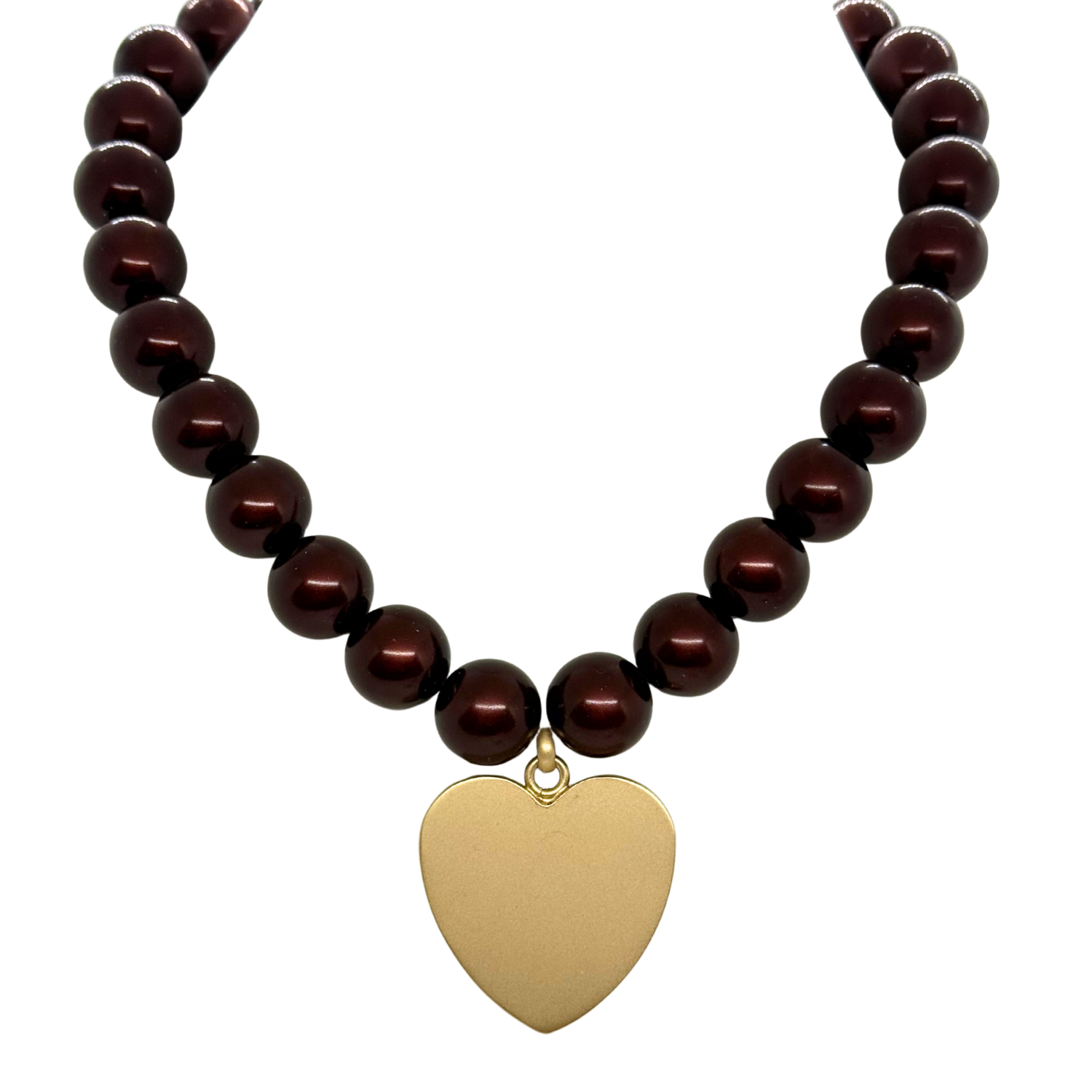 Burgundy Bubble Pearls With Large Matte Gold Heart Pendant