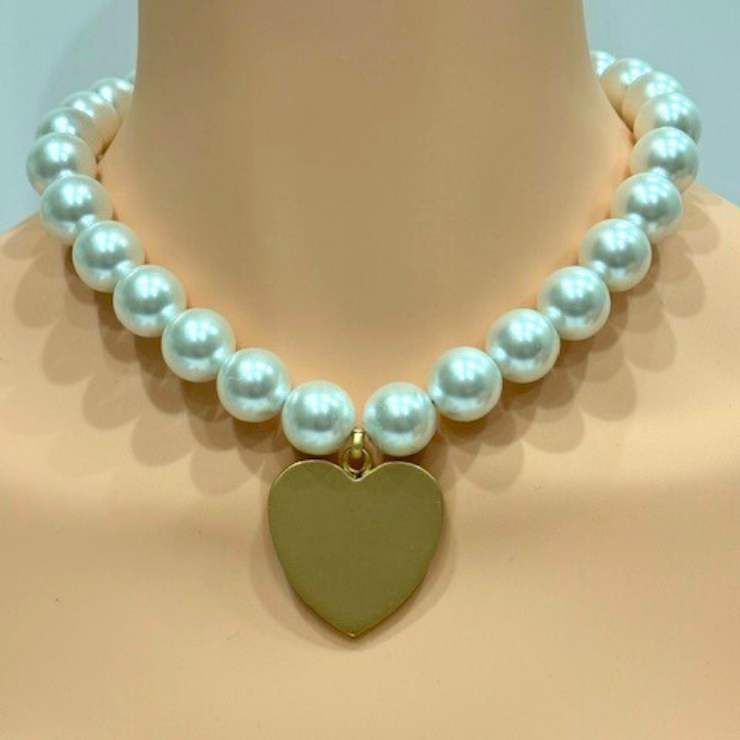 White Bubble Pearls With Large Matte Gold Heart Pendant
