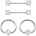 14G White Faux Opal BCR Captive Ring Barbell Nipple Ring Set