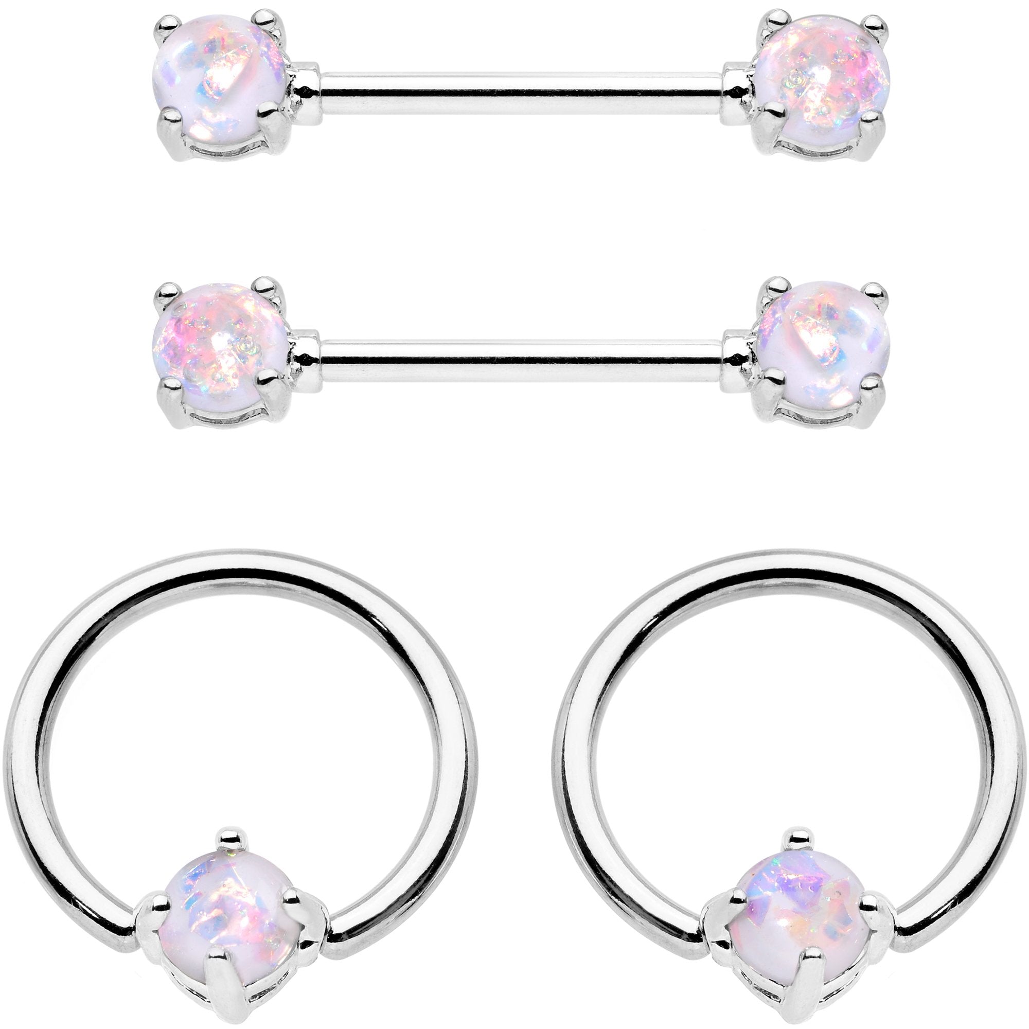 14G White Faux Opal BCR Captive Ring Barbell Nipple Ring Set