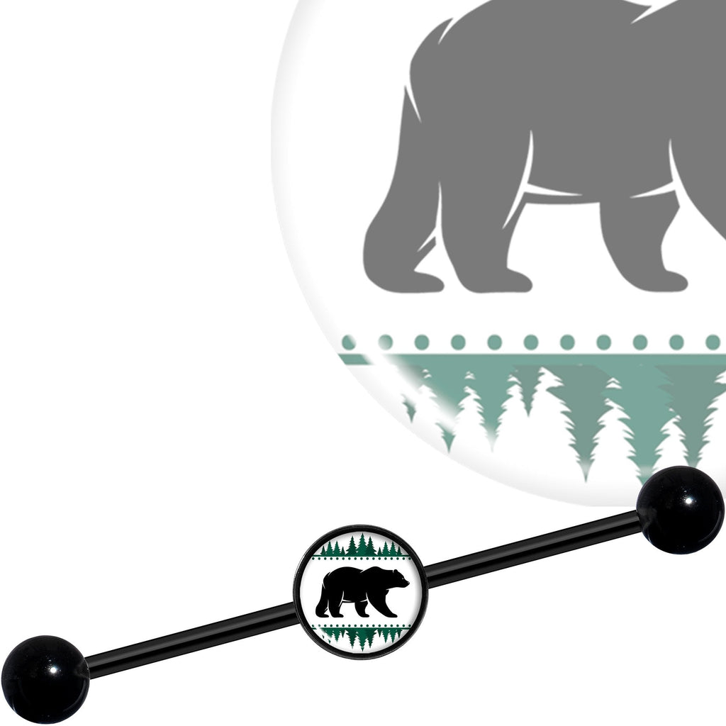 14G Winter Polar Bear in Woods Black Industrial Barbell 37mm